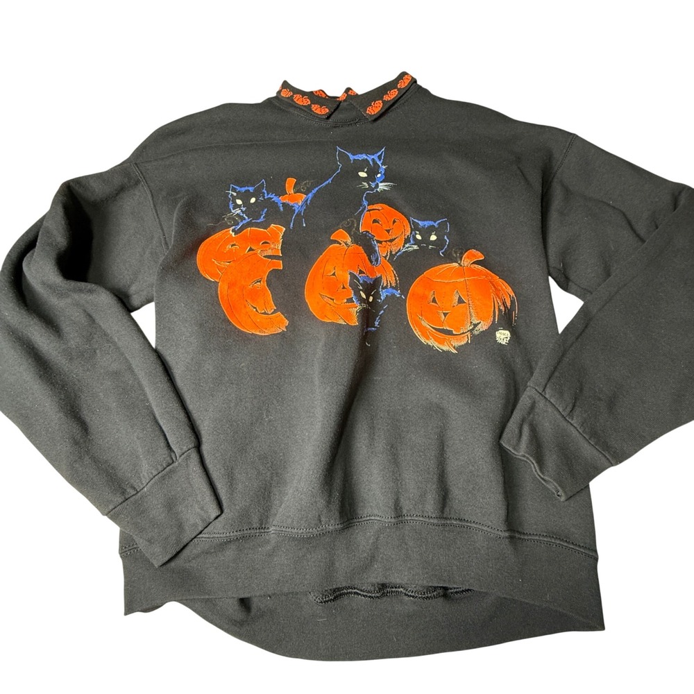 Vintage 1992 Fruit of the Loom Halloween Sweatshirt Black Cats Pumpkins Large